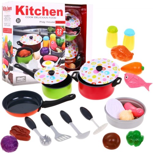 Kolorowy zestaw do Gotowania dla dzieci 3+ Garnki + Zabawkowe jedzenie + Akcesoria Kuchenne 22 el.