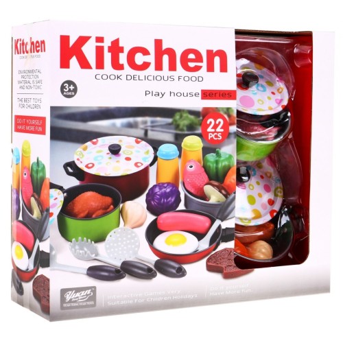 Kolorowy zestaw do Gotowania dla dzieci 3+ Garnki + Zabawkowe jedzenie + Akcesoria Kuchenne 22 el.