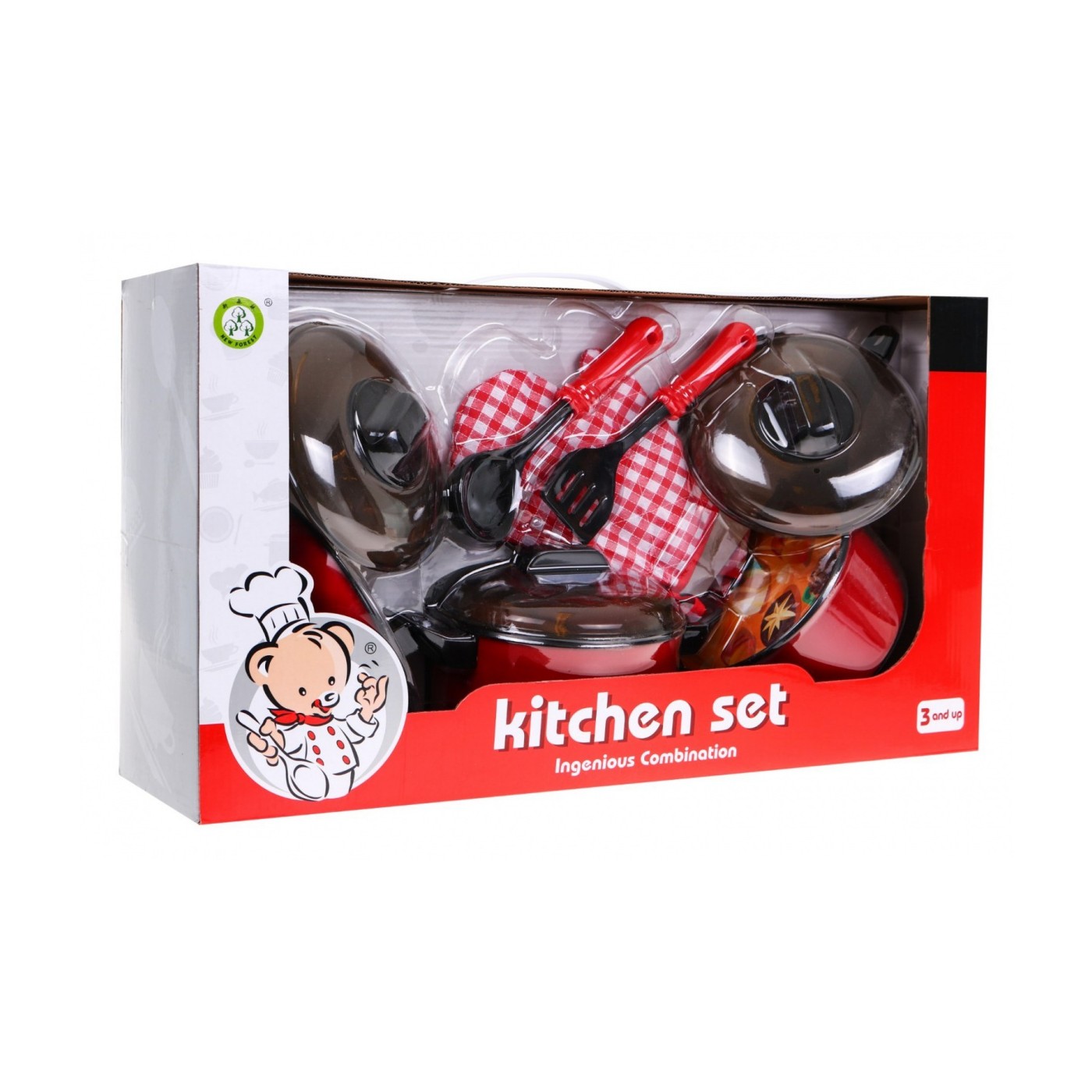 Czerwony zestaw Kucharza dla dzieci 3+ Garnki + Przybory kuchenne + Atrapy jedzenia 22 el.
