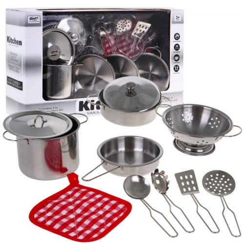 Zestaw metalowych Garnków dla dzieci 3+ Garnki do gotowania + Przybory + Akcesoria kuchenne 11 el.