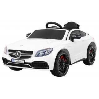 Mercedes Benz C63 AMG dla dzieci Biały + Pilot + 5-pkt pasy + EVA + Bagażnik + MP3 LED
