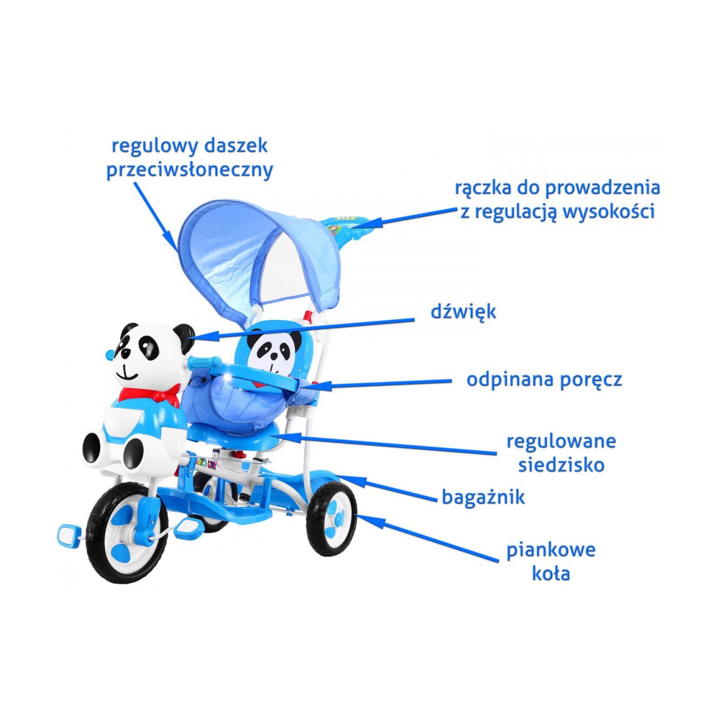 3-kołowy Rowerek dla dzieci Panda Niebieski + Dźwięki + Daszek + Barierka + Podnóżek + Rączka + Płozy + Schowek