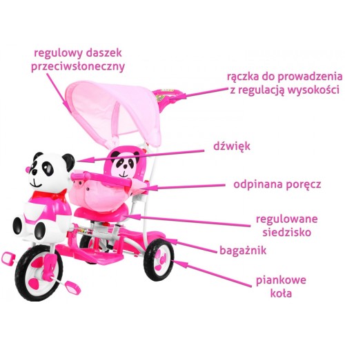 3-kołowy Rowerek dla dzieci Panda Różowy + Dźwięki + Daszek + Barierka + Podnóżek + Rączka + Płozy + Schowek