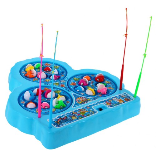 Gra zręcznościowa Łowienie Rybek dla dzieci 3+ niebieski + 21 kolorowych Rybek + 4 Wędki + Plansza z 3 jeziorkami