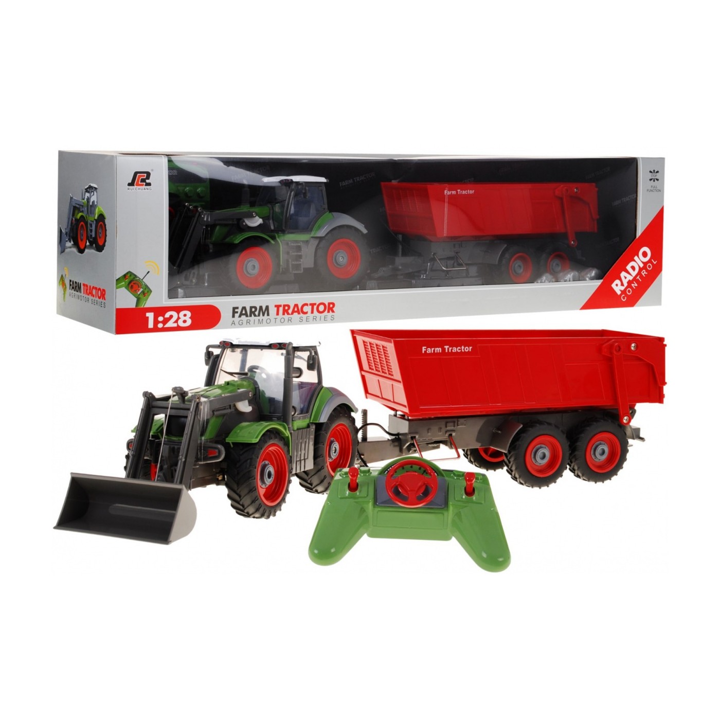 Traktor z koparką i przyczepą dla dzieci 3+ Zdalnie sterowany + Ruchome elementy Zielono-czerwony