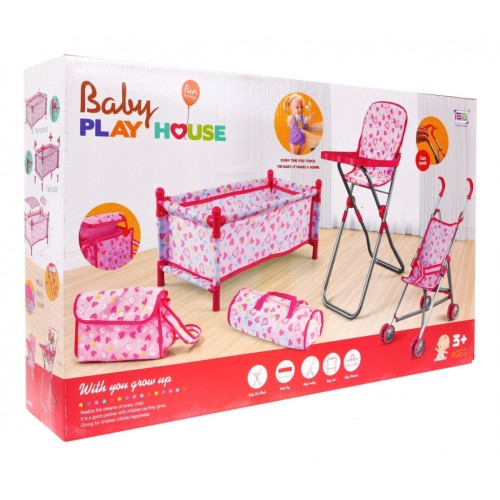 Zestaw akcesoriów do lalek dla dzieci 3+ Opieka nad niemowlakami + Wózek + Krzesełko do karmienia + Łóżeczko + 2 torby