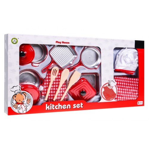 Czerwony zestaw małego Kucharza dla dzieci 3+ Strój szefa kuchni + Garnki + Akcesoria 14 el.