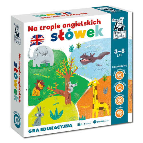 Gra edukacyjna „Na tropie angielskich słówek” dla dzieci 3-8 lat + Nauka języka angielskiego + Gra planszowa dla 2-4 osób