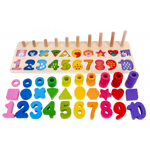 Drewniany zestaw do Nauki Liczenia dla dzieci 3+ Sorter kształtów + Liczydło + Kolorowe cyfry