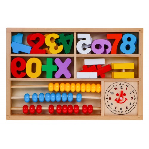 Drewniany zestaw edukacyjny 3w1 dla dzieci 3+ Nauka matematyki i zegara