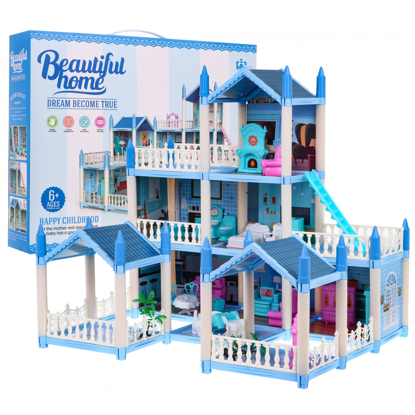 3-piętrowy domek dla lalek Prezent dla dziewczynek 6+ Niebieska willa z wyposażeniem