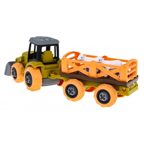 Rozkręcany traktor z łyżką i przyczepą + śrubokręt + owieczki Zabawka dla dzieci 3+