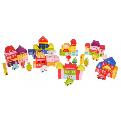 Drewniane Klocki Miasto dla dzieci 3+ Puzzle Mata podłogowa + Sorter kształtów + Klocki 115 el.