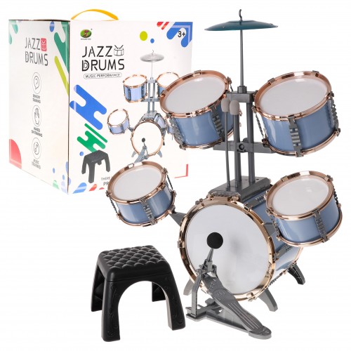 Duża Perkusja 5-bębnowa dla dzieci 3+ Błękitny + Metalowy talerz + 2 Pałki + Krzesełko