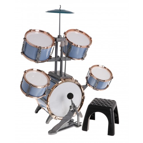 Duża Perkusja 5-bębnowa dla dzieci 3+ Błękitny + Metalowy talerz + 2 Pałki + Krzesełko