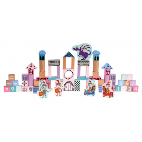 Drewniany zestaw Klocków Zamek z Rycerzami dla dzieci 3+ Drewniane Figurki + Sorter kształtów + Mata z puzzli + Gra Chinczyk