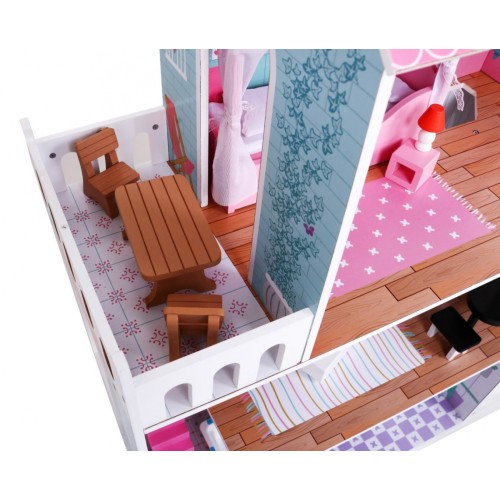 Duży Domek z drewna dla lalek Różowy dla dzieci 3+ Akcesoria Meble + 3 piętra