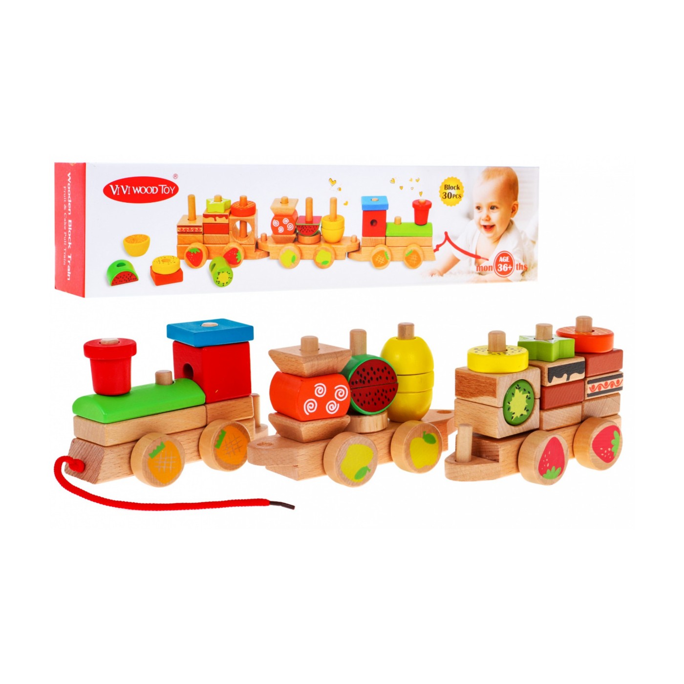 Drewniana lokomotywa z sorterami dla dzieci 3+ Zabawka sensoryczna + 27 klocków