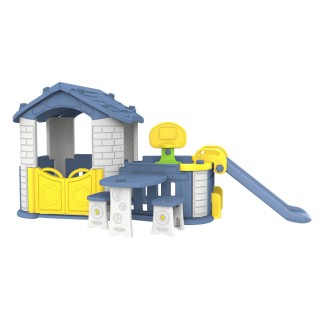 Duży Domek ogrodowy 5w1 dla dzieci + Zjeżdżalnia + Koszykówka + Ogródek + Stolik + 2 Krzesełka Niebieski Dach