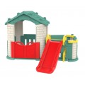 Duży Domek ogrodowy 5w1 dla dzieci + Zjeżdżalnia + Koszykówka + Ogródek + Stolik + 2 Krzesełka Zielony Dach