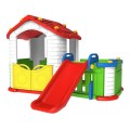 Duży Domek ogrodowy 5w1 dla dzieci + Zjeżdżalnia + Koszykówka + Ogródek + Stolik + 2 Krzesełka Czerwony Dach