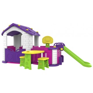 Duży Domek ogrodowy 5w1 dla dzieci Fioletowy + Zjeżdżalnia + Koszykówka + Ogródek + Stolik + 2 Krzesełka