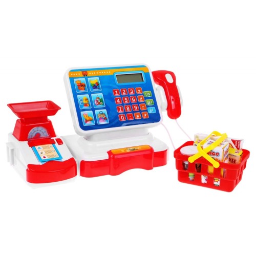 Store cash register + shopping basket, red accessories