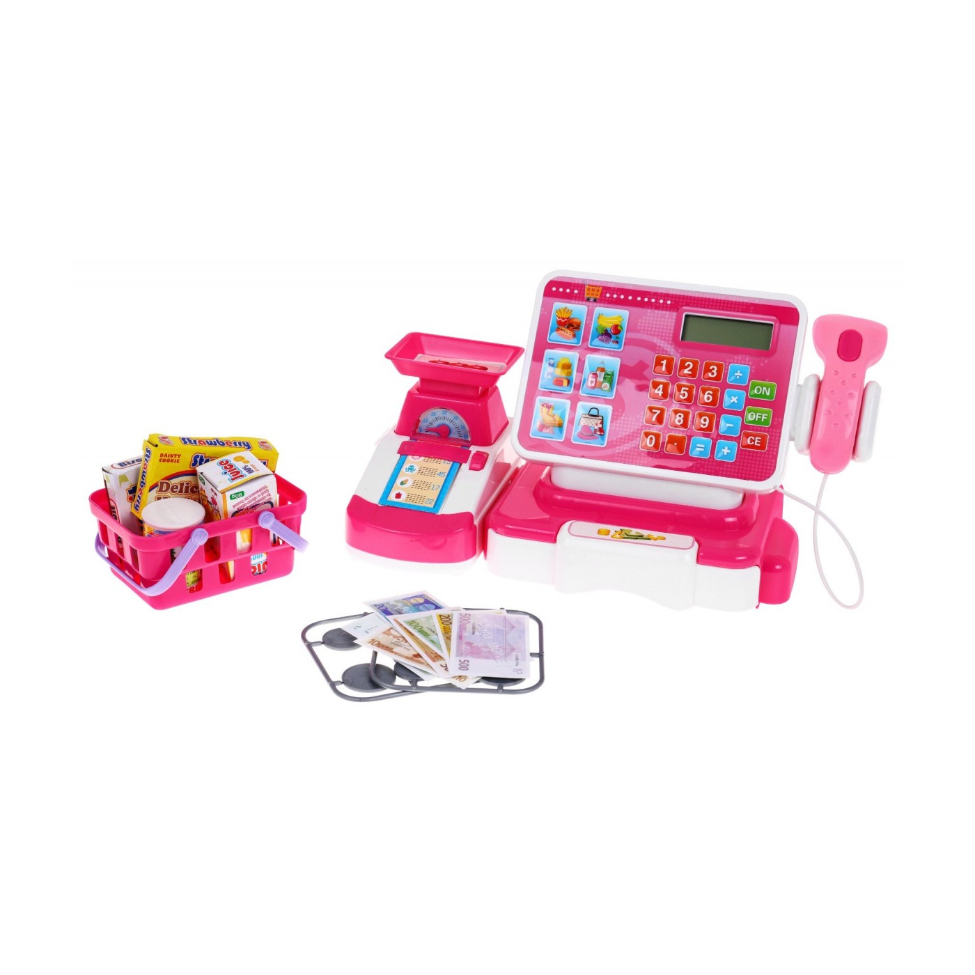 Store cash register + shopping basket, pink accessories