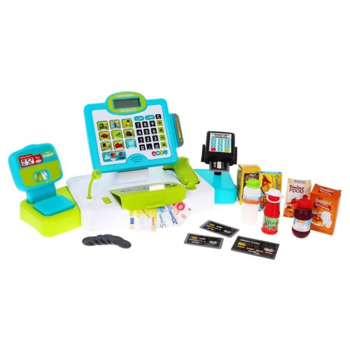Realistyczna Kasa sklepowa dla dzieci 3+ Panel dotykowy Kalkulator + Skaner + Imitacje produktów spożywczych
