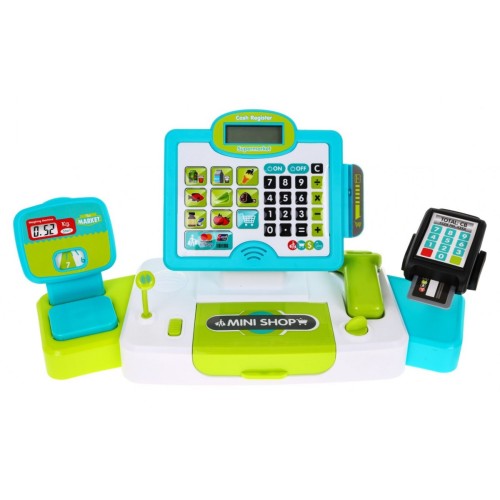 Realistyczna Kasa sklepowa dla dzieci 3+ Panel dotykowy Kalkulator + Skaner + Imitacje produktów spożywczych