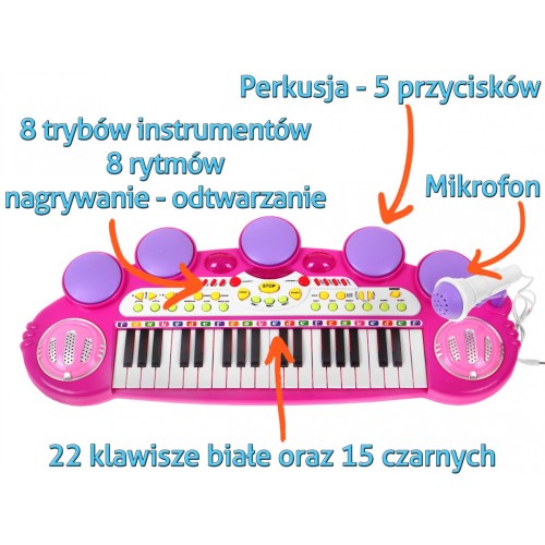 Keyboard Werble MP3 USB 3 Oktawy Różowy