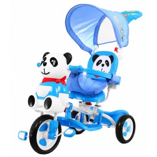 3-kołowy Rowerek dla dzieci Panda Niebieski + Dźwięki + Daszek + Barierka + Podnóżek + Rączka + Schowek