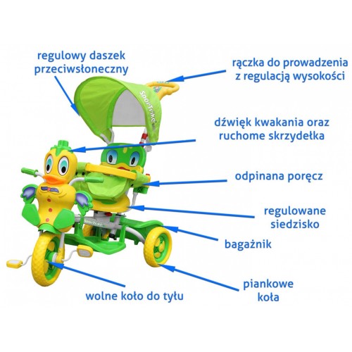 3-kołowy Rowerek dla dzieci Kaczka Zielony + Dźwięki + Daszek + Barierka + Podnóżek + Rączka + Schowek