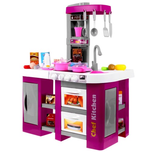 Kitchen With Fridge, Cooker Hood Faucet With Water Pink