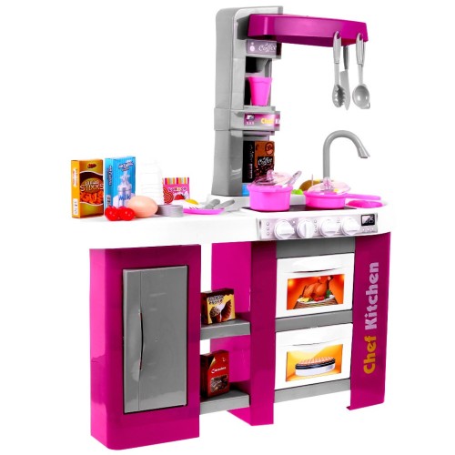Kitchen With Fridge, Cooker Hood Faucet With Water Pink