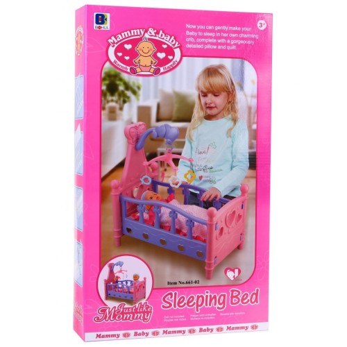 Łóżeczko dla lalek dla dzieci 3+ Kolorowa karuzela + Pościel dla lalek + Zabawa w dom